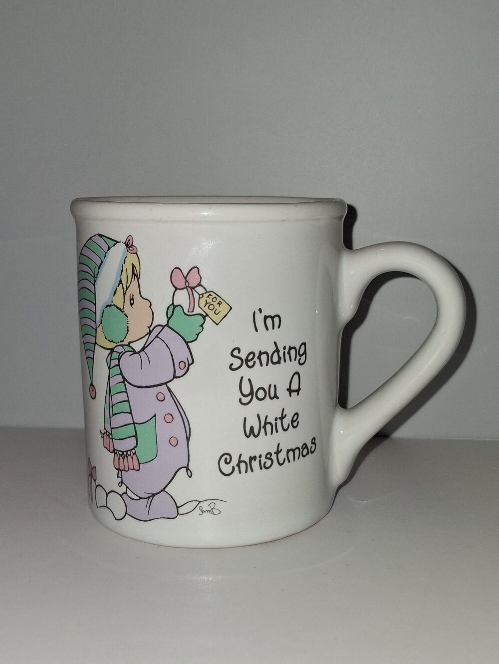 Precious Moments 1994 White Christmas Holiday Mug with Winter Child Illustration